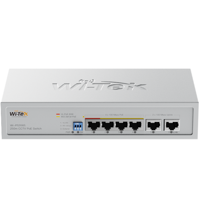 WI-TEK - WI-PS206S (V2) PoE Switch με 4 θύρες 100Mbps, με υποστήριξη 250m CCTV PoE. Τροφοδοσία 60W.