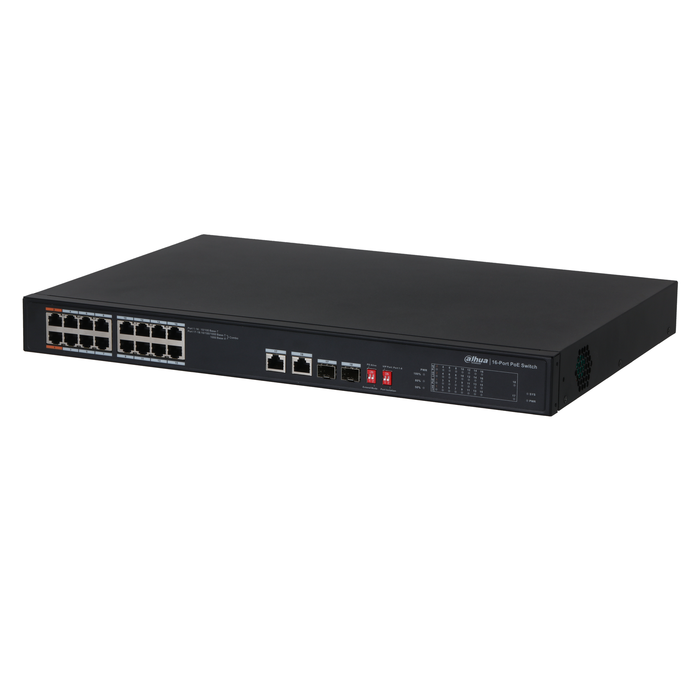 DAHUA - S3218-16ET-135 Switch με 16 θύρες PoE, 2 θύρες uplink 1000Mbps και 2 θύρες SFP. Τροφοδοσία 135W.